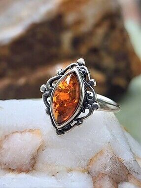 Amber Vintage Ring Sterling Silver 925 Baltic Honey Cognac Natural Amber Jewelry